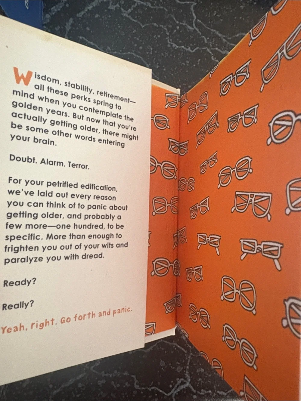 100 Reasons to Panic About Getting Old BOOK- Cream & Orange